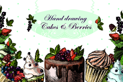 Hand drawing Cake and Berries