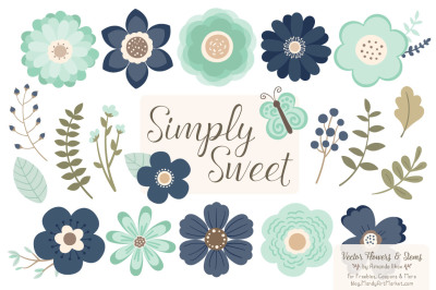 Simply Sweet Vector Flowers &amp; Stems Clipart in Navy &amp; Mint