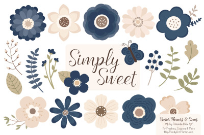 Simply Sweet Vector Flowers &amp; Stems Clipart in Navy
