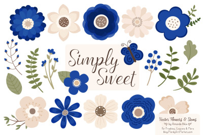 Simply Sweet Vector Flowers & Stems Clipart in Royal Blue