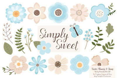 Simply Sweet Vector Flowers & Stems Clipart in Soft Blue