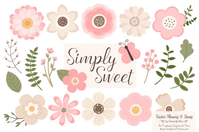 Simply Sweet Vector Flowers &amp; Stems Clipart in Soft Pink