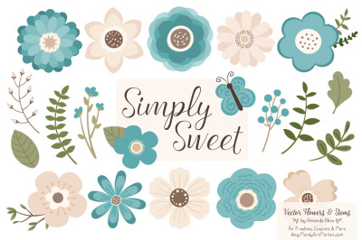 Simply Sweet Vector Flowers &amp; Stems Clipart in Vintage Blue