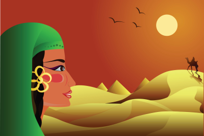 a young girl looks at a rider on a camel in the desert, vector