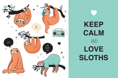 Cute sloths icons, cards, patterns