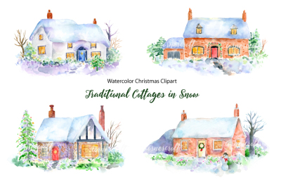 Watercolor Christmas Cottages in Snow