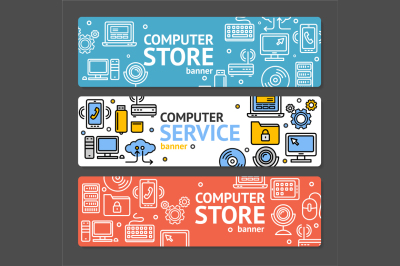 PC Service and Shop Banner Horizontal Set. Vector