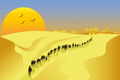 the caravan comes to town in the desert&2C; vector illustration