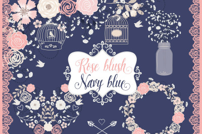 Vector navy blue and rose blush babys breath cage bird design
