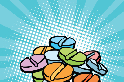 colorful medical pills, sports doping and drugs