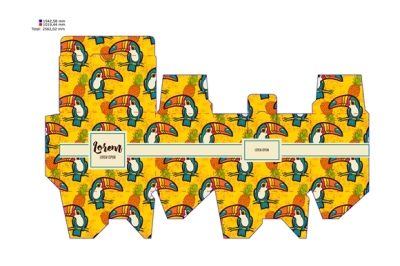 Template pattern decorative gift box with tropical toucan.