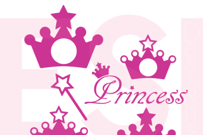 Princess Crown and Wand Monogram Design Set - SVG, DXF, EPS cutting files.