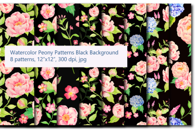 Peony and Hydrangea Black Pattern