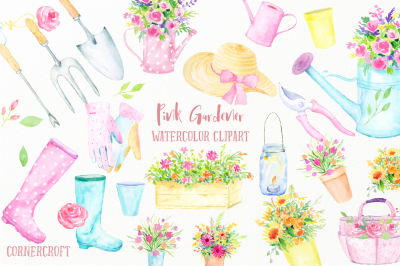 Watercolor Clip Art Pink Gardener