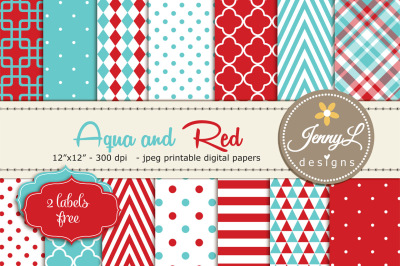 Aqua Blue and Red Digital Papers