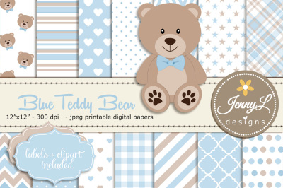 Blue Teddy Bear Digital Papers and Clipart