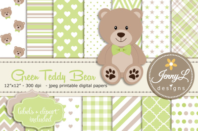 Green Teddy Bear Digital Papers and Clipart
