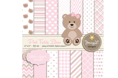 Pink Teddy Bear Digital Papers and Clipart