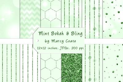 Mint Bokeh & Green Glitter Digital Papers