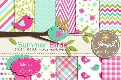 Summer Birds Digital Papers and cliparts