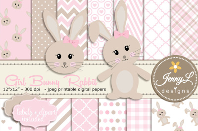 Bunny Rabbit Girl Digital Papers and Cliparts