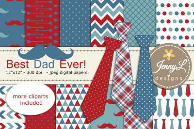 Mustache, Necktie Father's Day Digital Papers and Cliparts