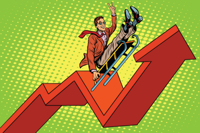 Businessman on a sled, up arrow chart sales