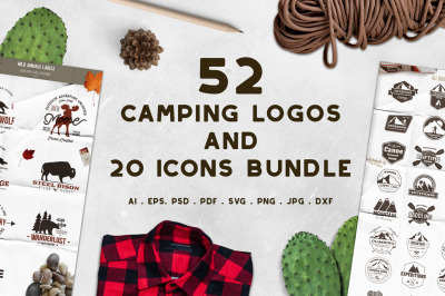 52 Camping Logos + 20 Icons.Bundle