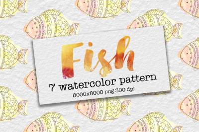Doodle funny fish watercolor patterns