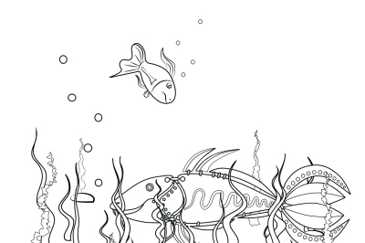 the image of the fish in the form of a robot, underwater, coloring pages