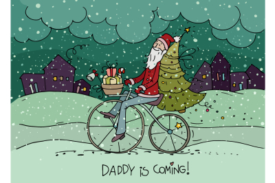 Santa Claus on bicycle with gifts