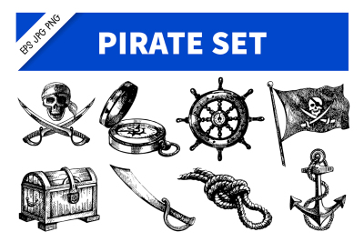 Sea Pirate Hand Drawn Sketch Vector Set