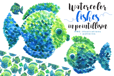 Watercolor FISHES in Pointillism
