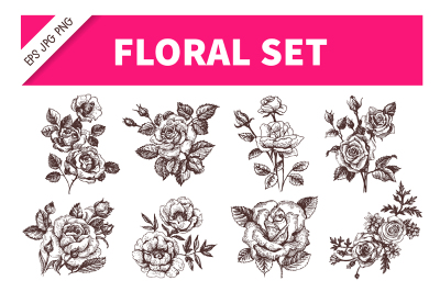 Rose Floral Hand Drawn Sketch Vector Set