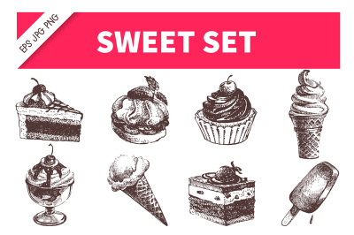 Sweet Cakes Hand Drawn Sketch Vector Set