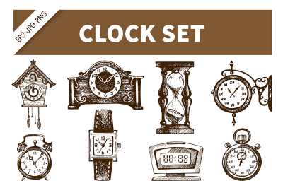 Vintage Clock & Watch Hand Drawn Sketch Vector Set