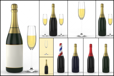Champagne Bottle and glass 3D