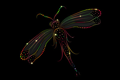 The image of a bright glowing dragonflies on a black background, JPEG 300 dpi