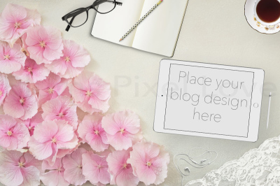 Feminine mock up styled desktop photography with tablet device
