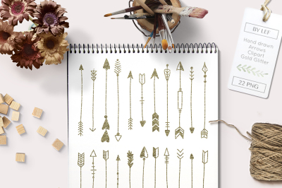Gold Glitter Arrows Graphics. PNG Files Illustrated tribal clipart.