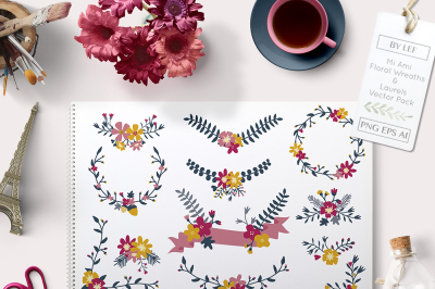 Flower Vector Banners and Laurels. Illustrated Floral Graphics in EPS and Ai. 