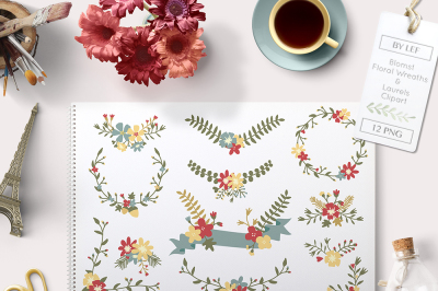 Floral Wreaths PNG Clip art Graphics. Illustrated banner and Laurels with Handdrawn flower elements.