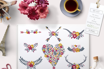 Floral Heart Graphics Horns, Antlers & Arrows. Illustrated floral elements. Flowel Graphics. Clipart