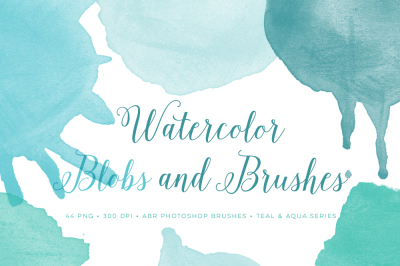 Watercolor Photoshop Brushes Blobs including 44 bonus PNG files in Teal and Aqua color to make your own clip art graphics.