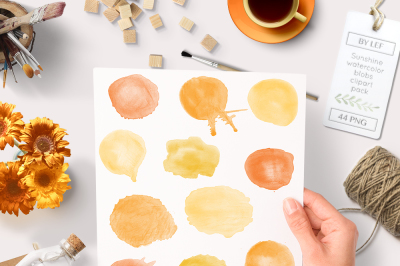 Sunny Watercolor Graphics Blobs. Watercolour clip art. Orange Sunny drips and round clipart handpainted.