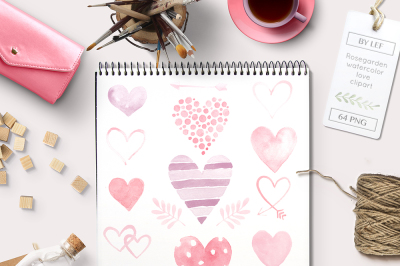 Heart Watercolor Graphics 64 PNG. Hearts, arrows, love handpainted clipart.