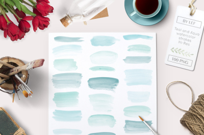 Hand Painted Watercolor Strokes Teal and Aqua. Watercolour clip art set with 100 PNG graphics / clipart.  