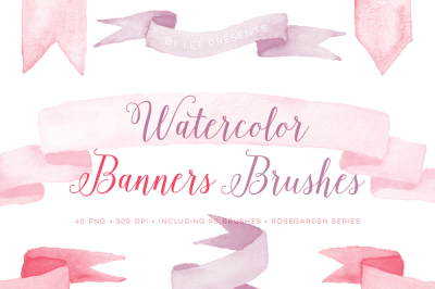 Watercolor Photoshop Brushes Banners. Handpainted PS Brush set including bonus clipart.