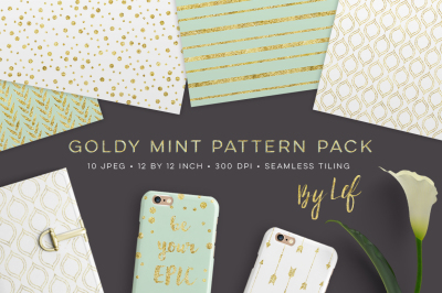Gold Mint Digital Paper Patterns. Pack of 10 12 by 12 inch digital scrapbooking papers