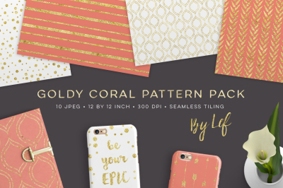 Gold and Coral Seamless Pattern Pack. Digital Paper backgrounds repeating patterns.